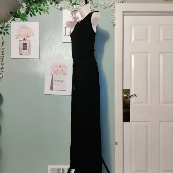 Jumpsuit Casual Wide Leg Long Pant, Crewneck Sleeveless Tie Belt with Pockets - Picture 5 of 10